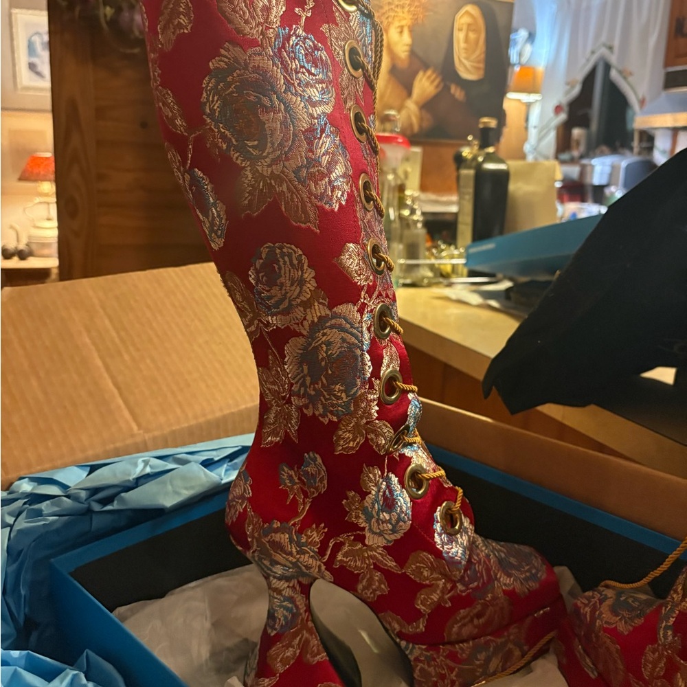 John Fluevog Red Brocade Lace-Up Heeled Boots - Picture 4 of 12